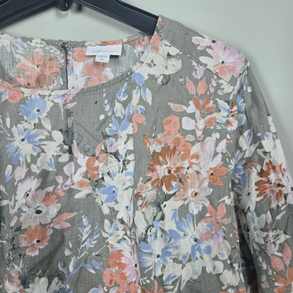 J Jill Love Linen Womens Floral Caraway Dress XL Petite Green Bloomcore Beachy - Picture 3 of 8